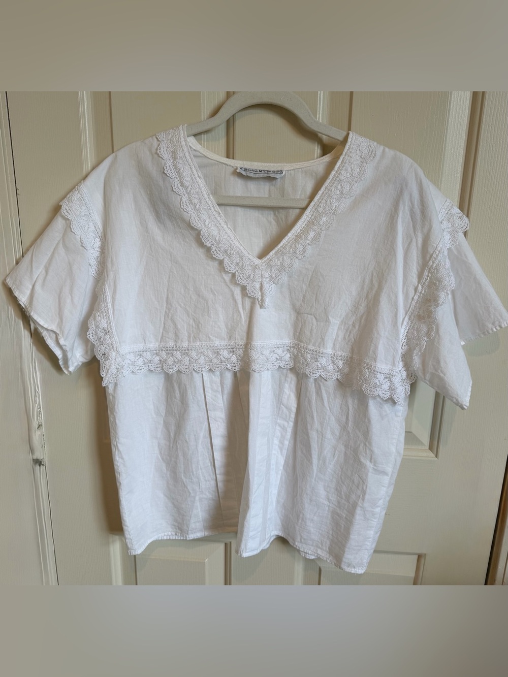 Vintage 80’s Jessica McClintock White Poplin & Lace Blouse. Size L Very GUC